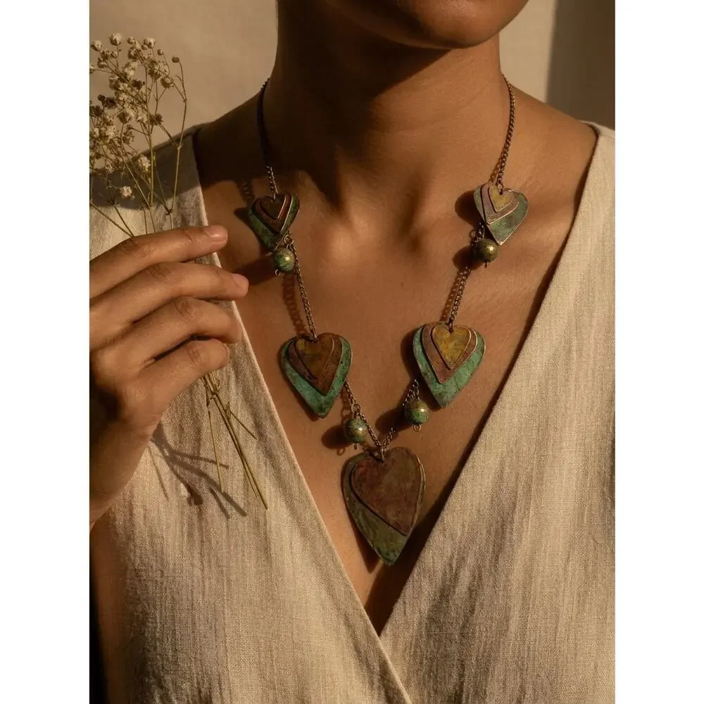 Vintage Artisan Copper Brass Verdigris Heart Ball Necklace Large Statement Piece